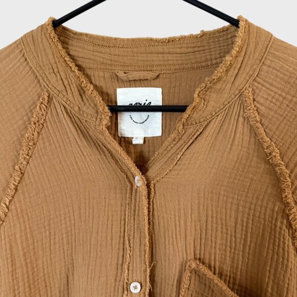 Aerie American Eagle Shirt Tan Women's Medium Crinkle Gauze Button-Up Cotton Top - Picture 5 of 11
